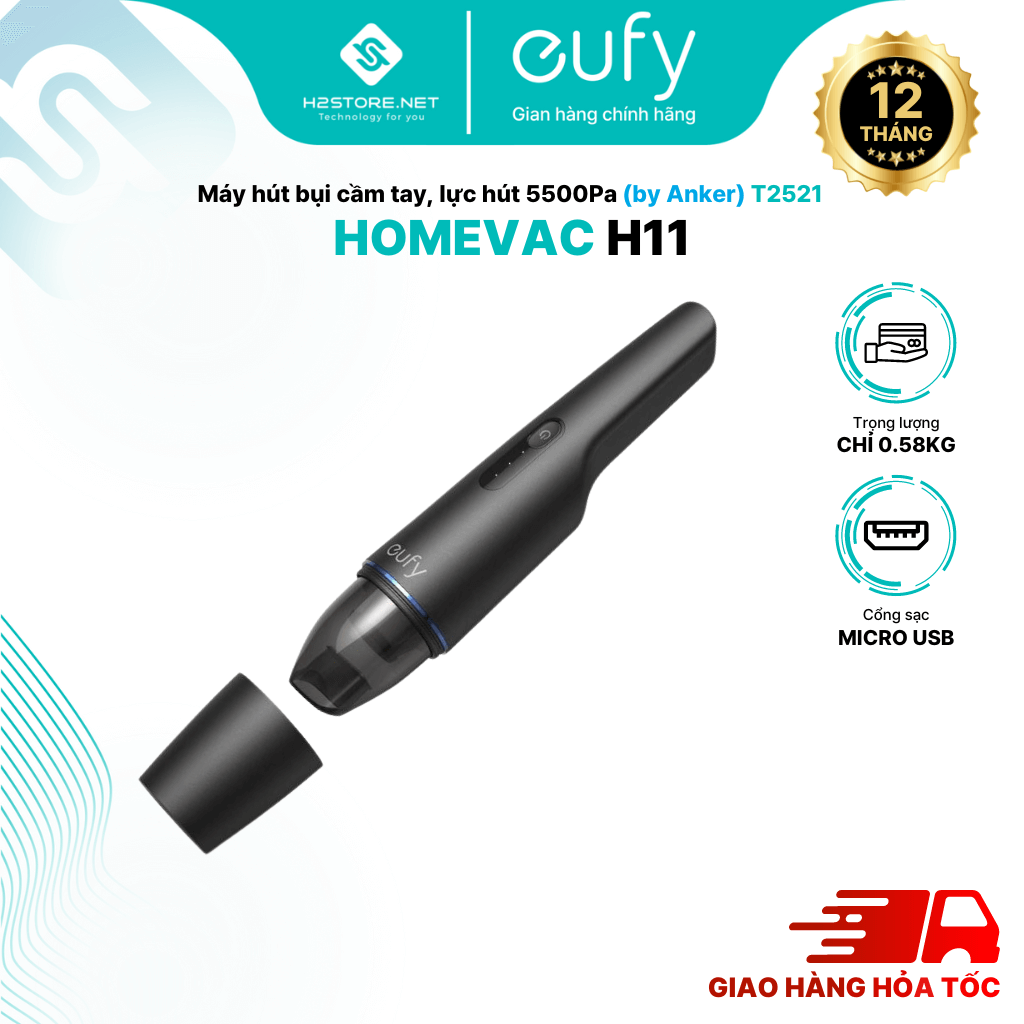 Máy hút bụi mini cầm tay không dây eufy homevac h11 - t2521 - lực hút mạnh đến 5500pa, kích thước nhỏ gọn chỉ 0.58kg và có thể sạc lại bằng cổng usb