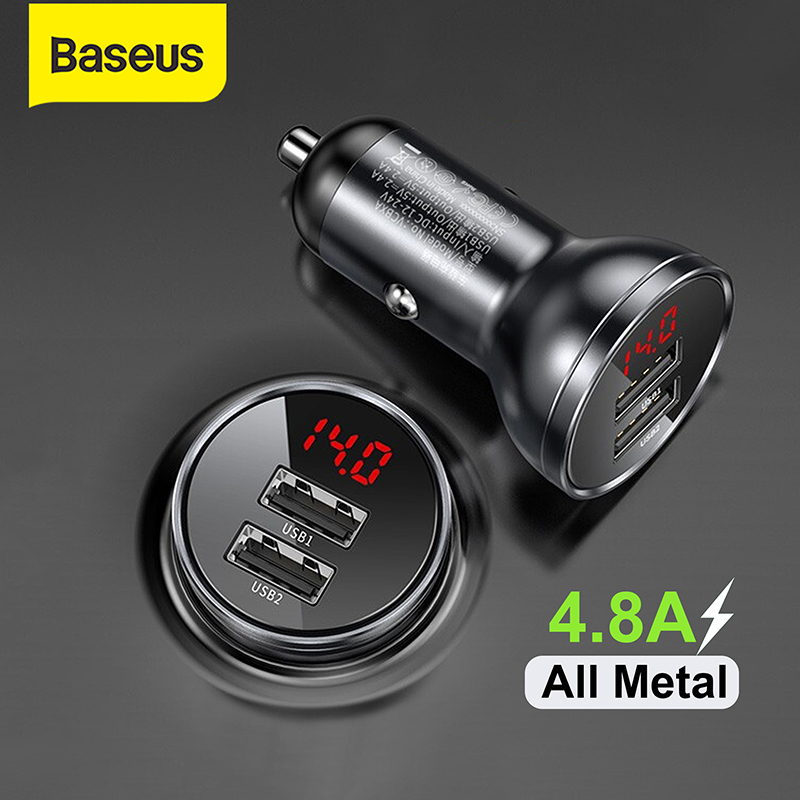 Bộ sạc ô tô Baseus 24W 4.8A USB Kim loại Bộ chuyển đổi sạc ô tô kép USB nhanh với màn hình kỹ thuật số cho iPhone Điện thoại di động Samsung OnePlus LG Xiaomi