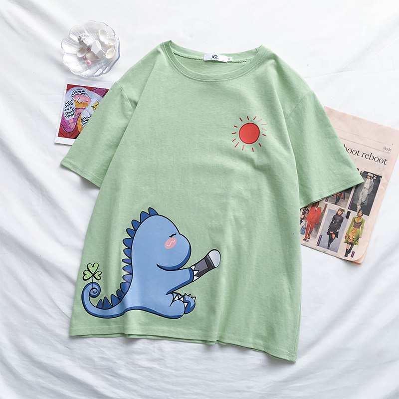 [HCM]Aó thun nữ form dài rộng tay lỡ Unisex KHỦNG LONG MẶT TRỜI freesize 45 - 70kg áo thun nam form rộng tay lỡ áo phông nữ form rộng