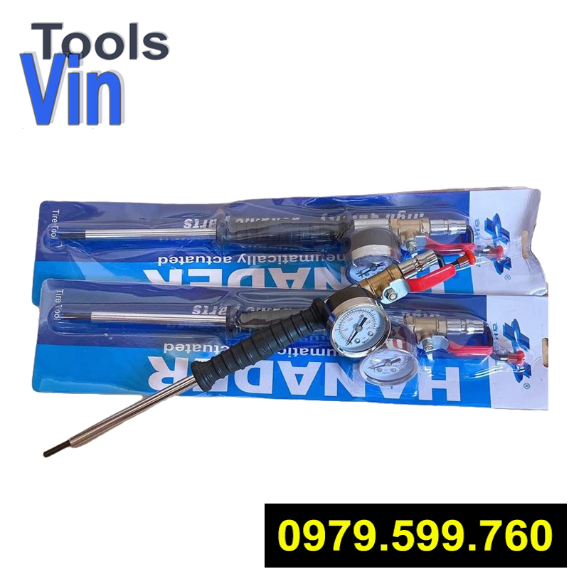 Tay bơm lốp thẳng xoáy ti van, có đồng hồ