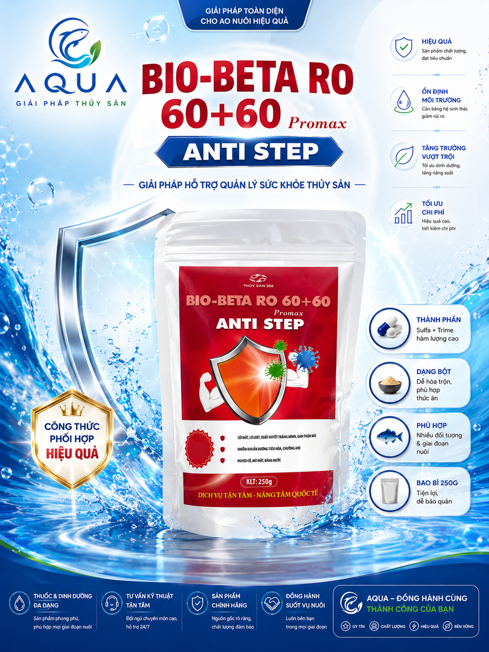 BIO-BETA RO 60+60 PROMAX ANTI STEP | Hỗ Trợ Sức Khỏe Cá Nuôi | Dạng Bột Dễ Trộn Thức Ăn | 250g