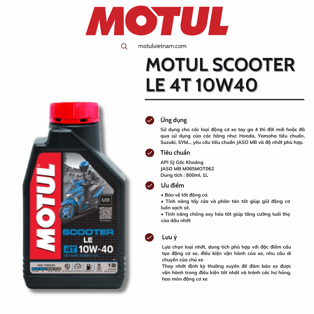 Dầu nhớt xe tay ga motul scooter le 10w40 sj mb gốc khoáng 800ml và 1l