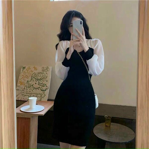 Váy đầm nữ vải kate phối tay