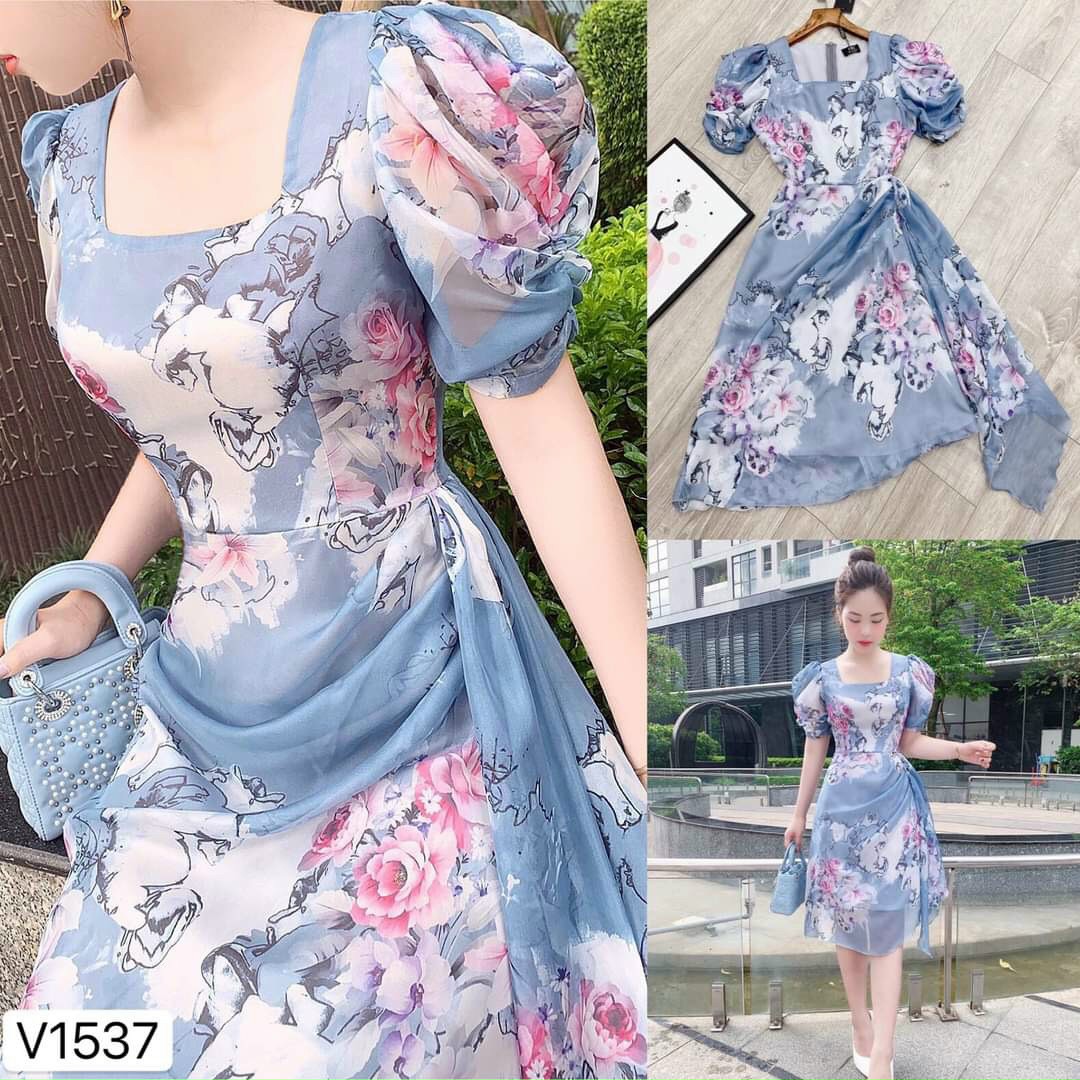 [Mẫu Hot] Đầm Váy Nữ Xòe Voan Hoa Tay Phồng Cổ Vuông Siêu Xinh Thời Trang Kiểu Cách Đi Chơi, Đi Dự Tiệc D.ONE FASHION, Mẫu Free Size (40-55Kg) Mặc Vừa