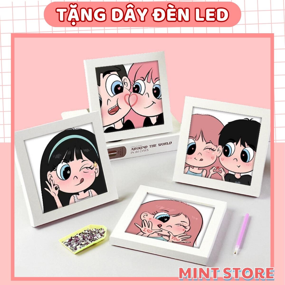 Tranh đính đá mini DIY 5D hình cặp đôi, tranh đính đá couple tự làm kèm khung