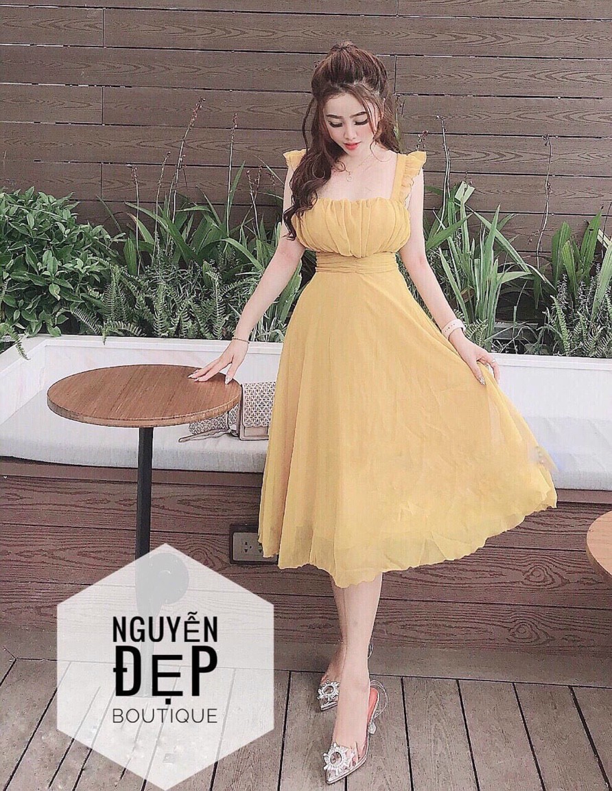 Đầm xòe hai dây cánh tiên xếp ly ngực xinh xắn