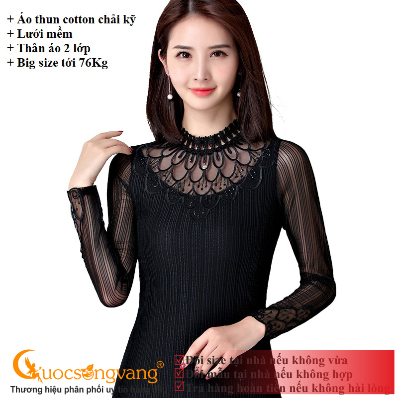 Áo kiểu ren màu đen áo thun lưới phối ren dài tay GLA203 Cuocsongvang