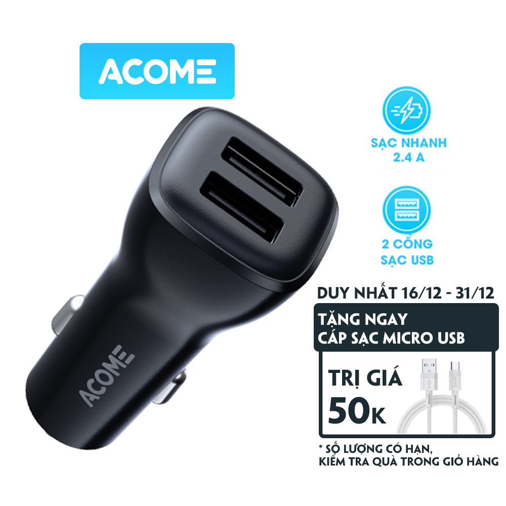 Tẩu sạc ô tô Acome ACC05 2 cổng sạc ra USB 2.4A hiển thị LED bộ chia tẩu