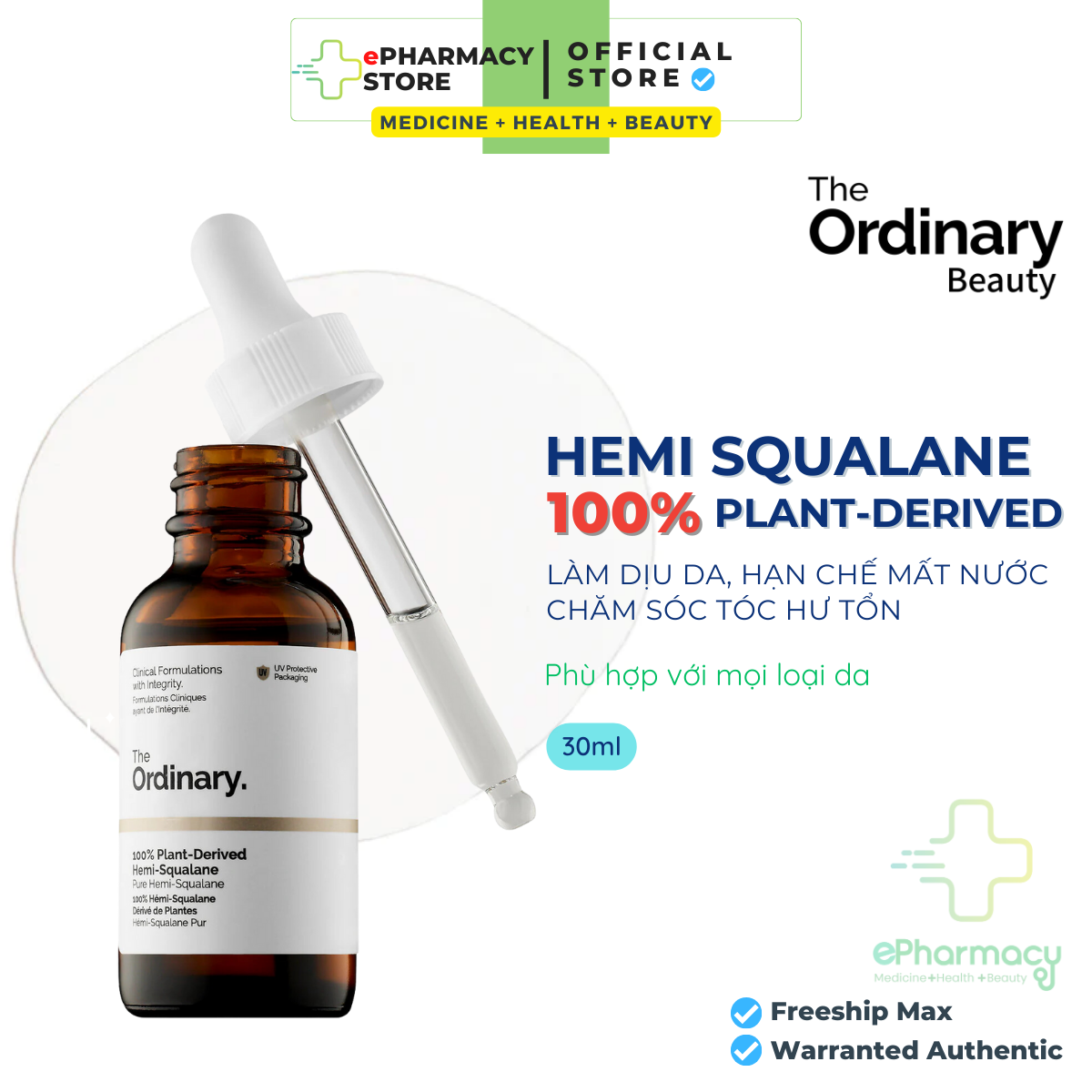 THE ORDINARY Serum 100% Plant-Derived Hemi-Squalane Tinh chất dưỡng ẩm chống lão hóa 30ml