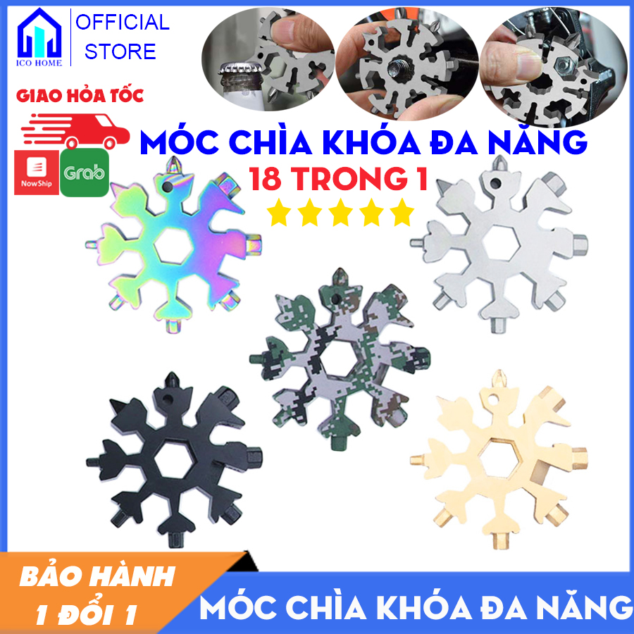 Cờ lê đa năng hình bông tuyết 18 in 1 kiêm móc khóa độc lạ không gỉ sét độ bền cao có 5 màu cực đẹp - ICO HOME