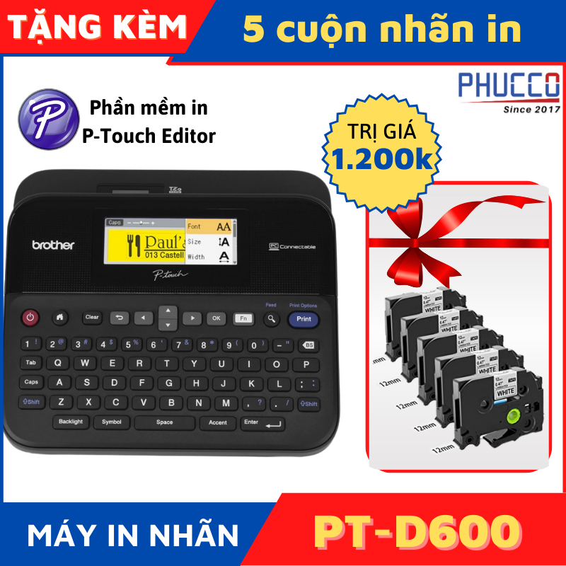 Máy in tem nhãn brother p-touch d600 máy in tem nhãn dán cầm tay để bàn nhỏ gọn bàn phím tiện lợi - tặng 5 cuộn nhãn in