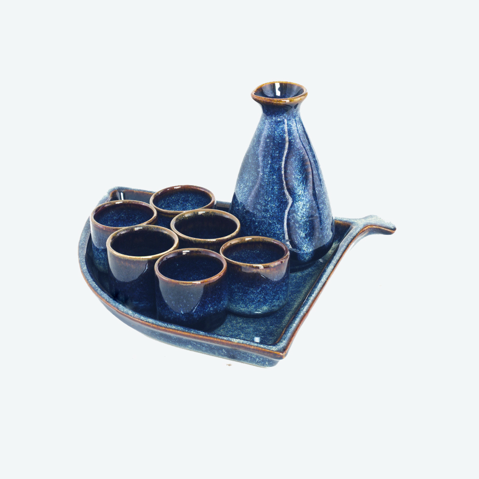 Bộ bình sake vuốt men xanh hỏa biến - gốm sứ cao cấp bát tràng