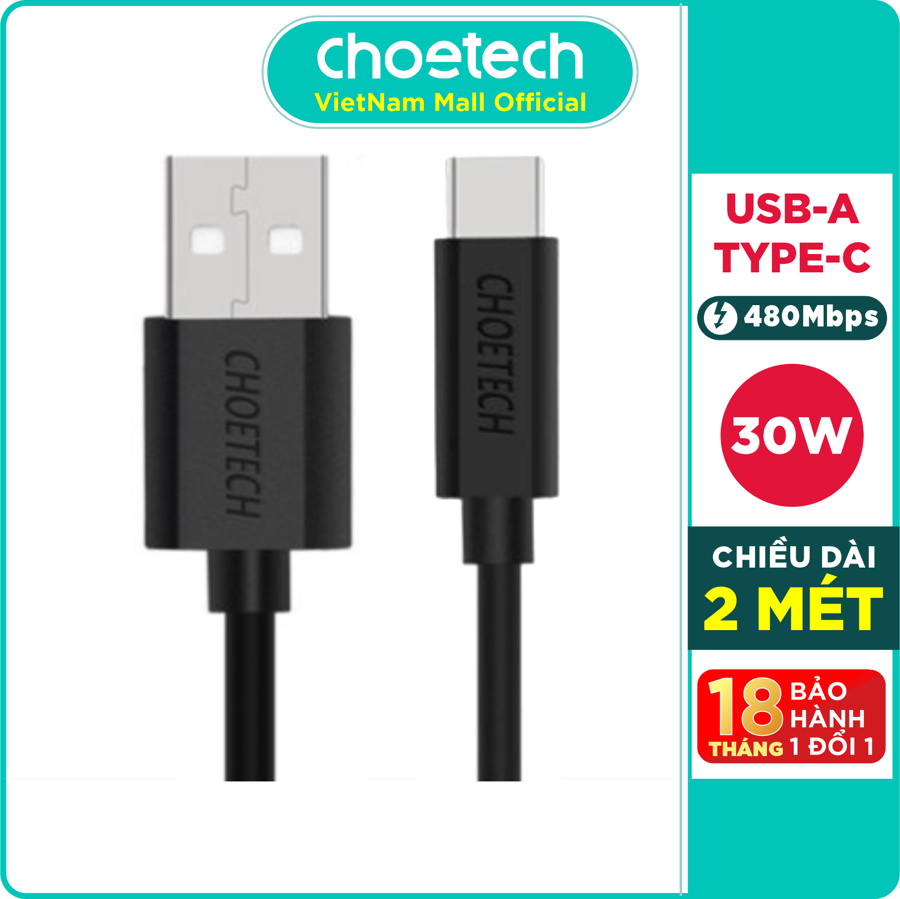 Dây Cáp Sạc Điện Thoại USB to USB Type C 30W Dài 2M CHOETECH AC0003 - Hàng Chính Hãng