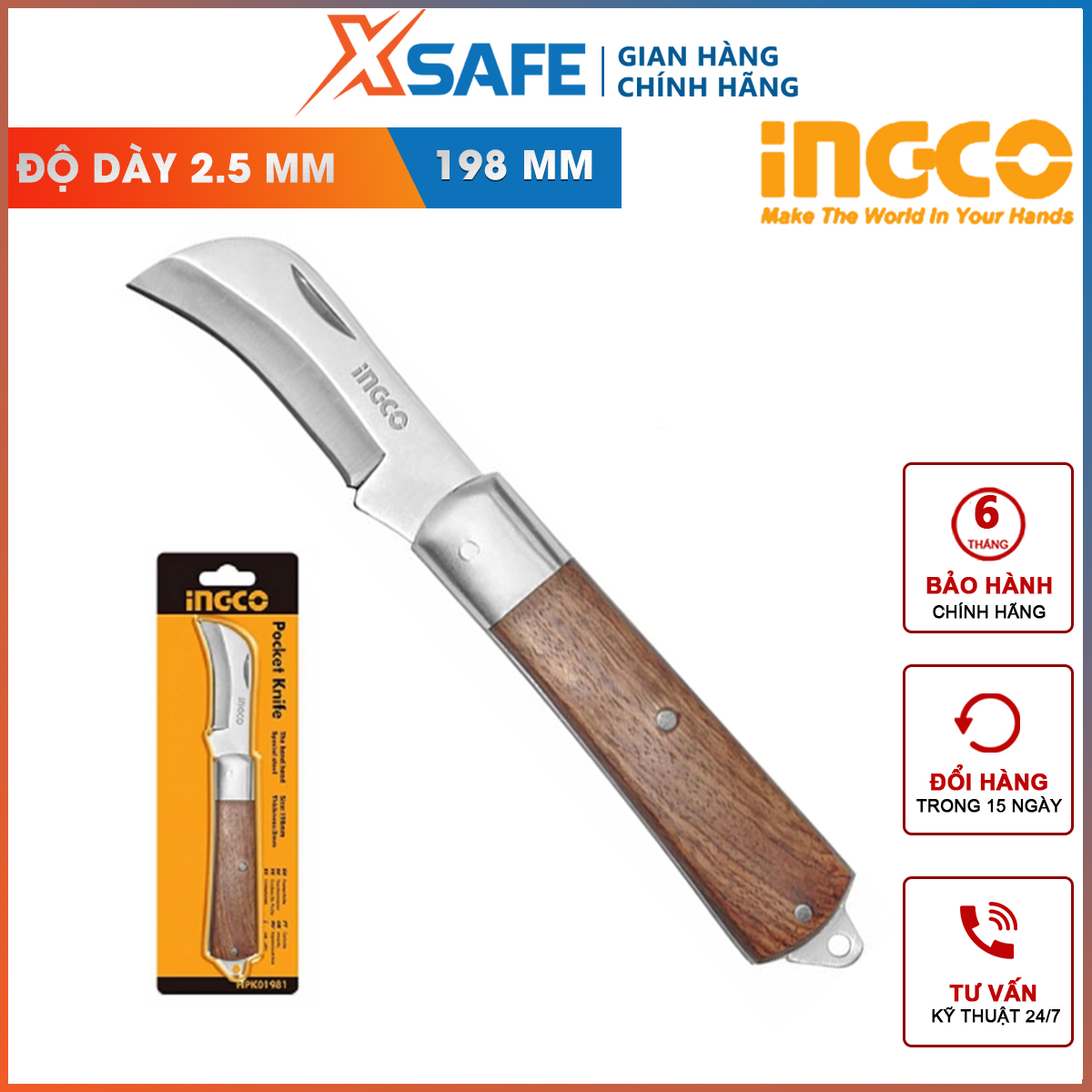 Dao tước dây điện lưỡi cong INGCO HPK82101 dao cắt cáp lưỡi cong, kích thước 198mm, chất liệu thép đặc biệt, độ dày 2.5mm bóc tách lõi dây điện, dây cáp