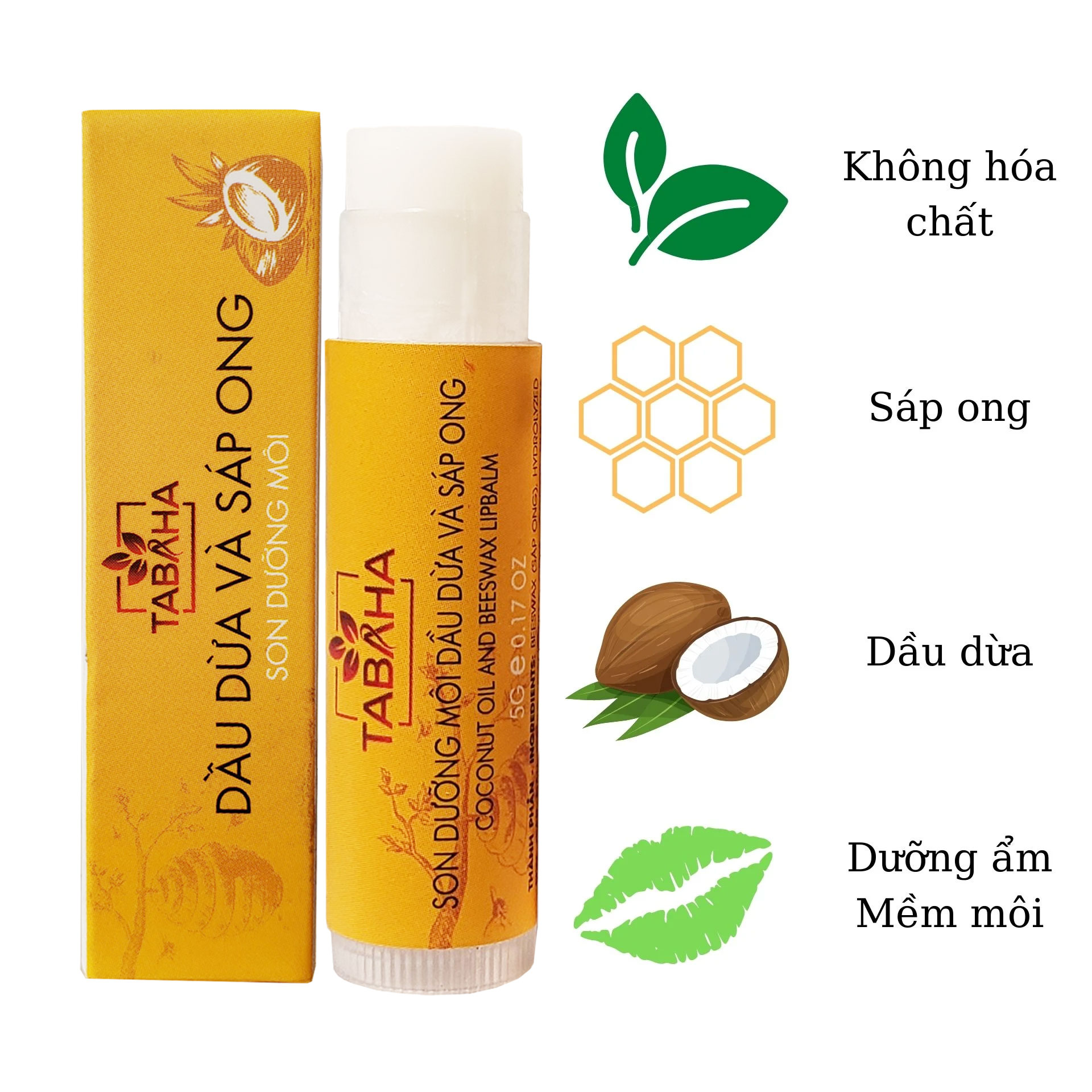 Son dưỡng môi Sáp Ong Và Dầu Dừa thiên nhiên Tabaha giảm thâm không màu