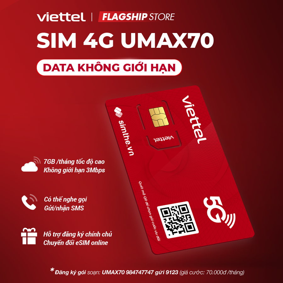 Sim 4G Viettel UMAX70 - UMAX90 Data Không Giới Hạn - Max Băng Thông Sử Dụng Toàn Quốc Không Bị Khoá Zone Chỉ Từ 70k/tháng - Phân Phối Và Bảo Hành Chính Hãng Bởi SIMTHE.VN