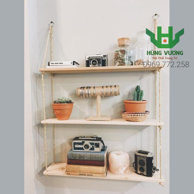 Kệ Dây Thừng Gỗ Trang Trí Treo Tường (Gỗ Thông Tự Nhiên & Có Kèm Dây Thừng, Vít treo kệ) retro, vintage, Hùng Vương