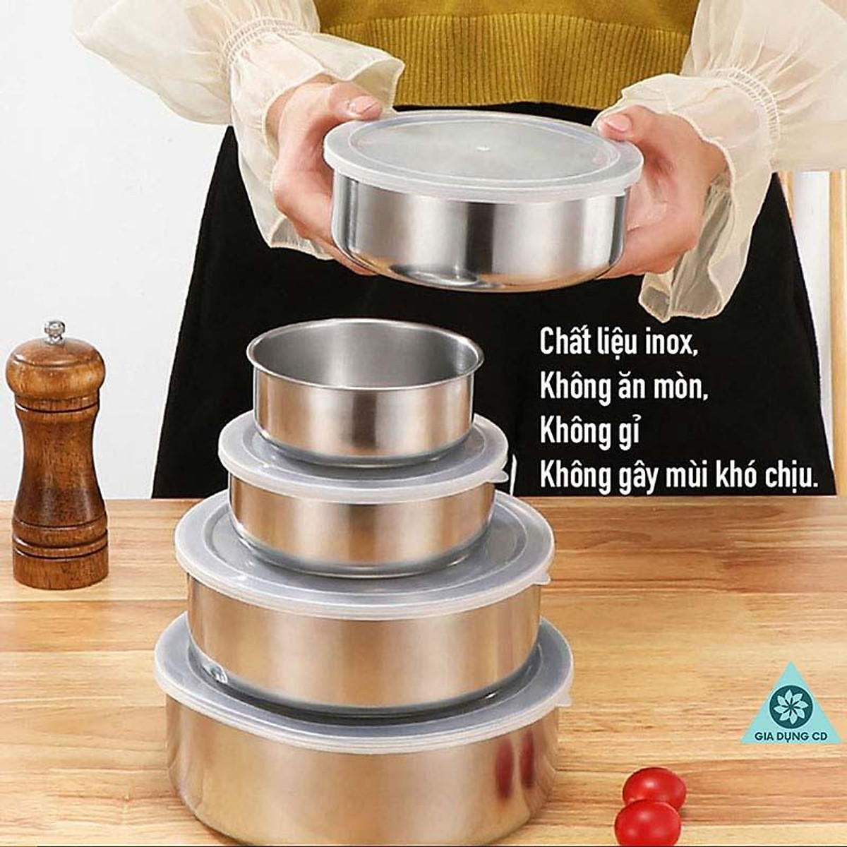 5 hộp tròn đựng thực phẩm bằng inox . đtvm