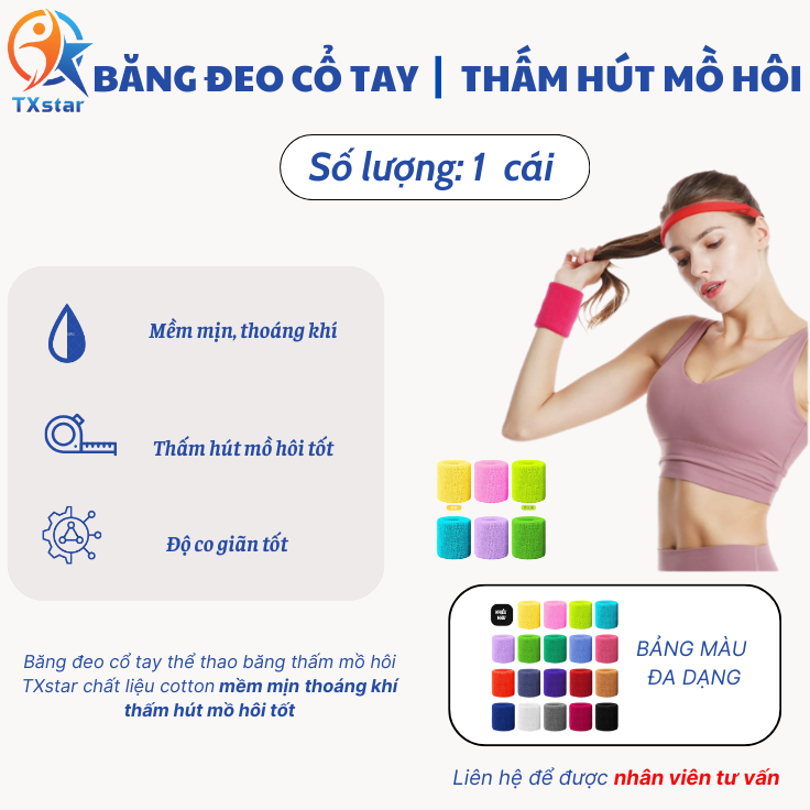 Băng đeo cổ tay thể thao thấm hút mồ hôi chất liệu cotton mềm mịn thoáng khí thấm hút mồ hôi tốt