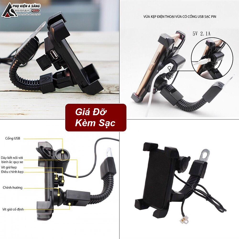 Giá đỡ điện thoại kèm cổng sạc usb trên xe máy hàng chất lượng cao