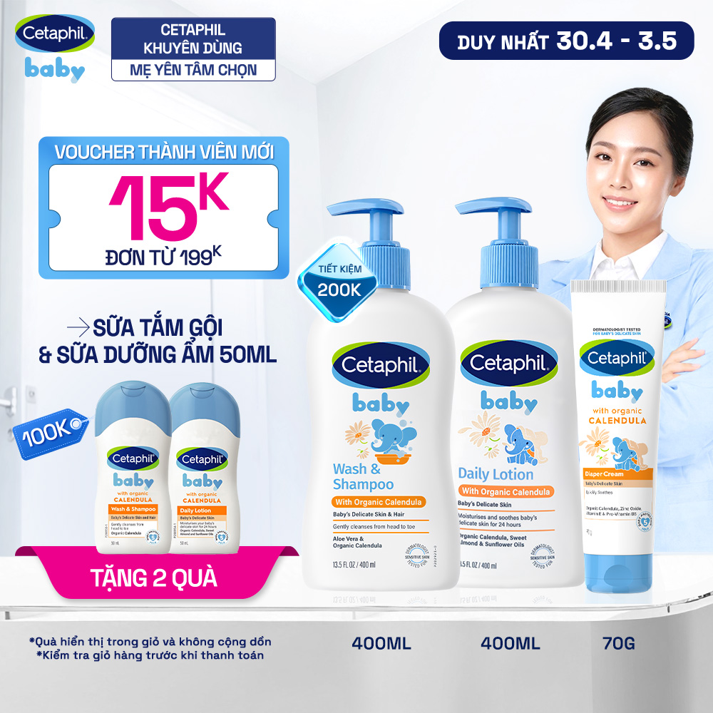 Bộ Sữa tắm gội 400ML + Sữa dưỡng ẩm 400ML + Kem chống hăm tã 70G CETAPHIL BABY WITH ORGANIC CALENDULA