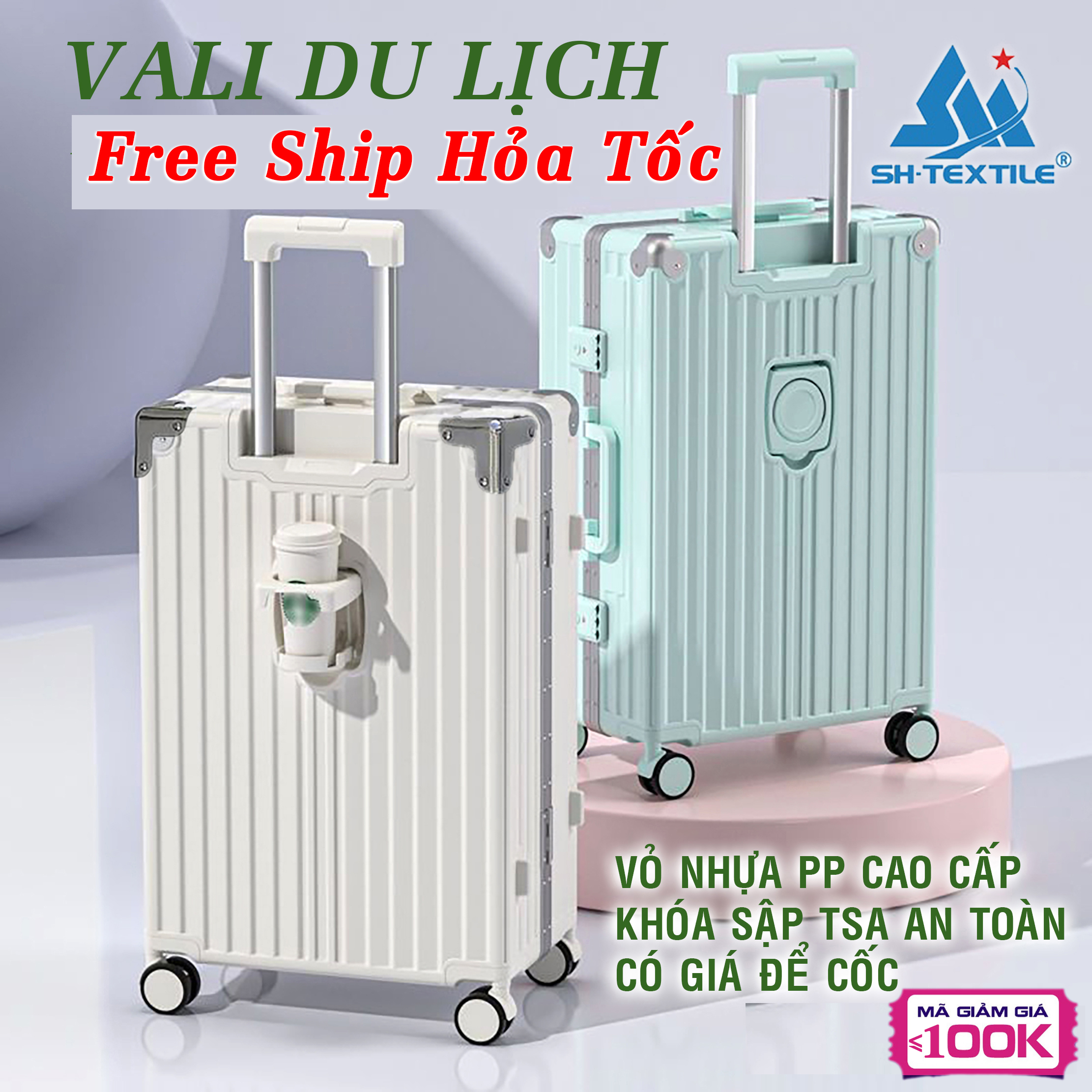 FREESHIP HỎA TỐC - Vali khung nhôm khóa sập mẫu mới có giá để cốc, size 20, size 24 nhám chống xước CÓ TẶNG KÈM BỌC VALI