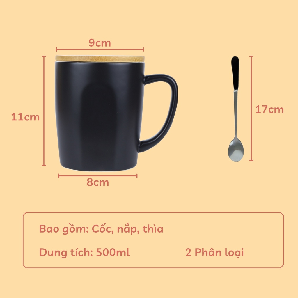 Cốc cà phê cốc uống trắng đen 500ml chất liệu gốm sứ cao cấp có nắp đậy và thìa pha cà phê pha trà