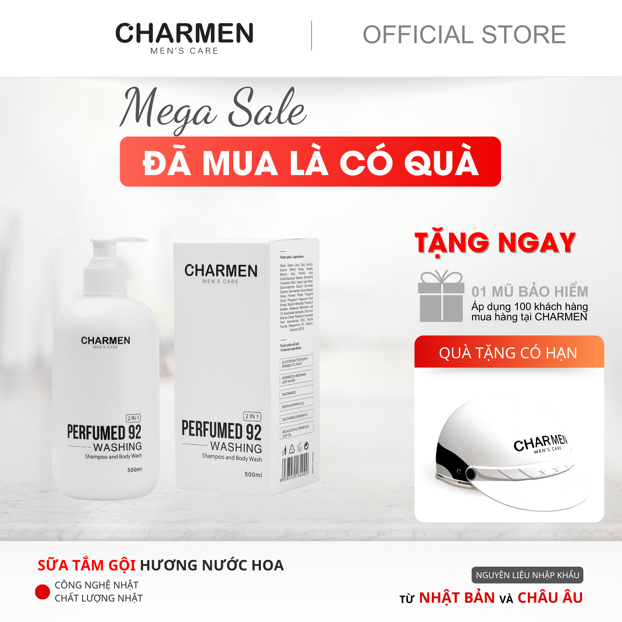Sữa tắm gội 500ml 2 trong 1, hương nước hoa lưu hương lâu, hương thơm nam tính, mạnh mẽ, thương hiệu CHARMEN dành riêng cho nam giới