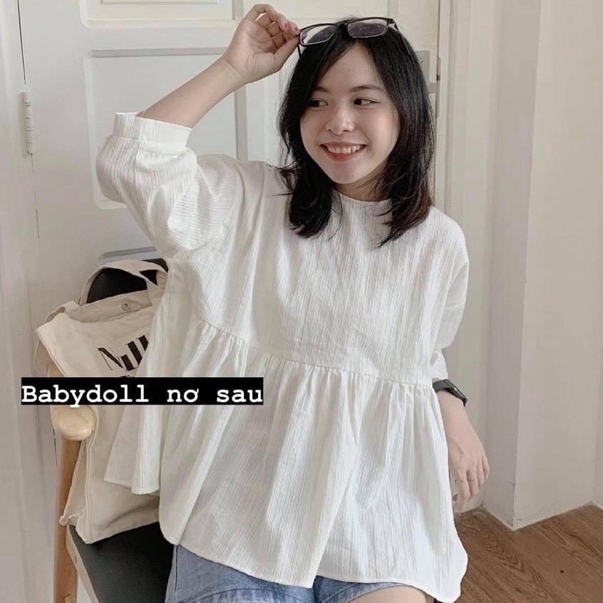 Áo babydoll trắng thắt nơ sau cổ tròn dài tay