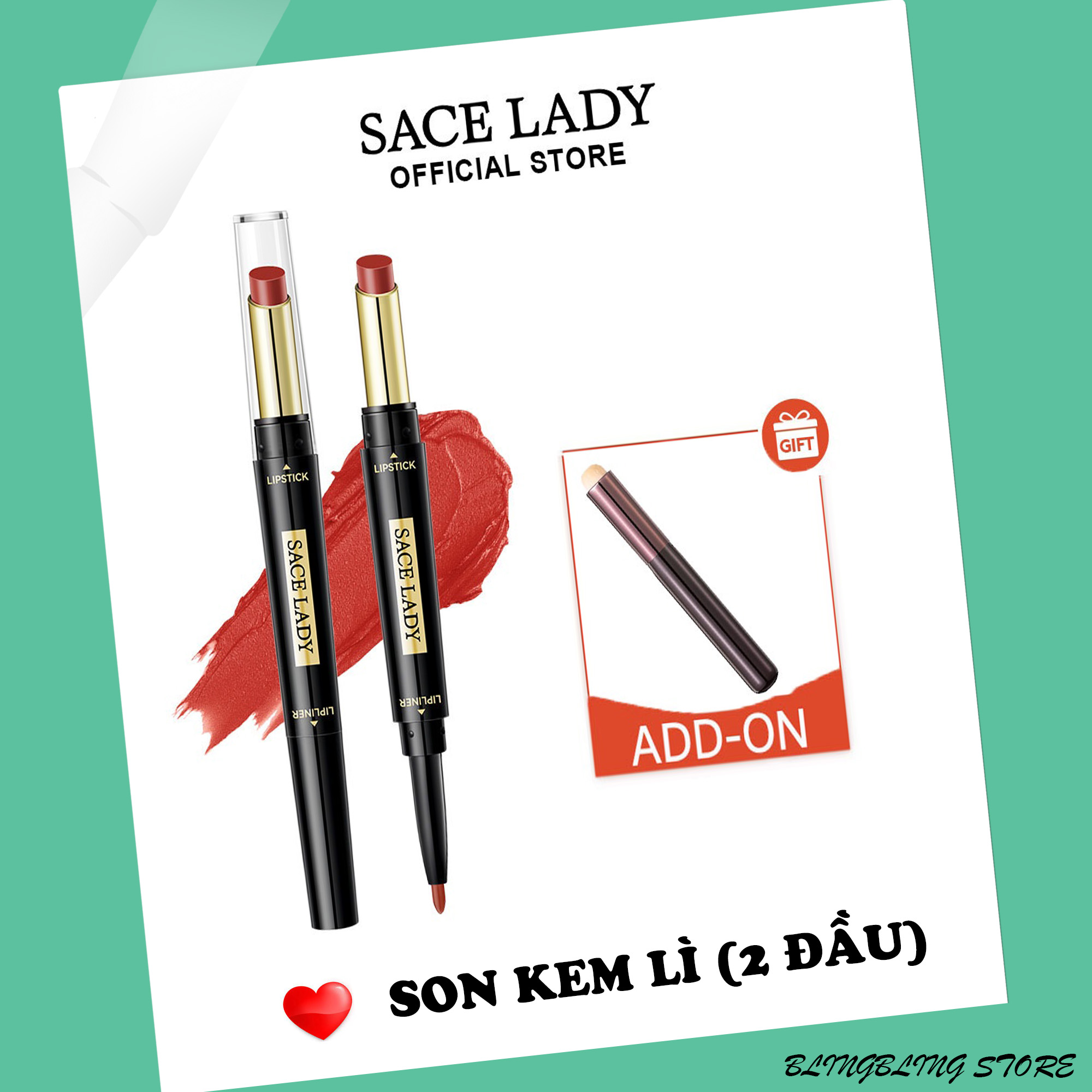 Son kem lì sace lady kết hợp cọ, 2in1, son môi lâu trôi, siêu lì, son lì, blingbling