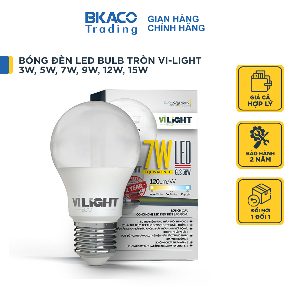 Bóng đèn led bulb tròn 3W, 5W, 7W, 9W, 12W, 15W Vi-Light cao cấp giá tốt