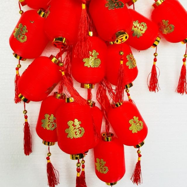 Dài 5 mét 12 lồng đèn màu đỏ may mắn xài điện khắc chữ phúc treo tết 2022 red chinese lantern