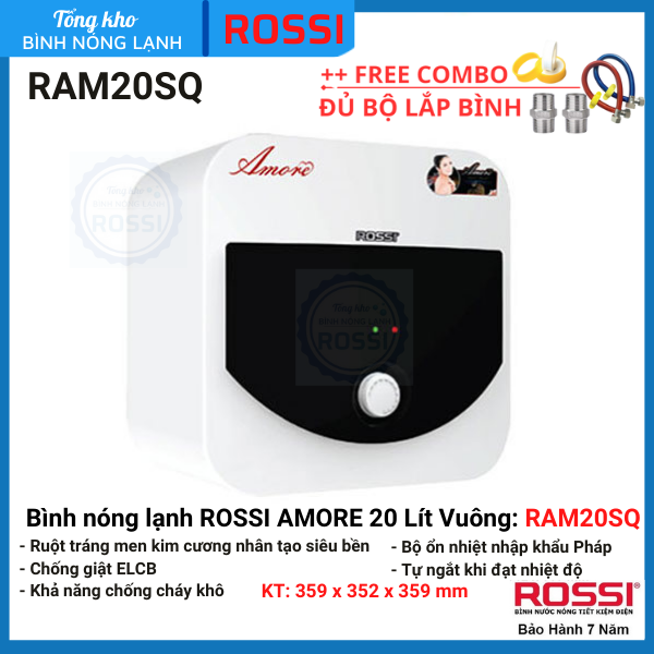 Bình nóng lạnh gián tiếp Rossi Amore 20 Lít Vuông mã hiệu RA20SQ, bảo hành 7 năm- hàng chính hãngTân Á Đại Thành