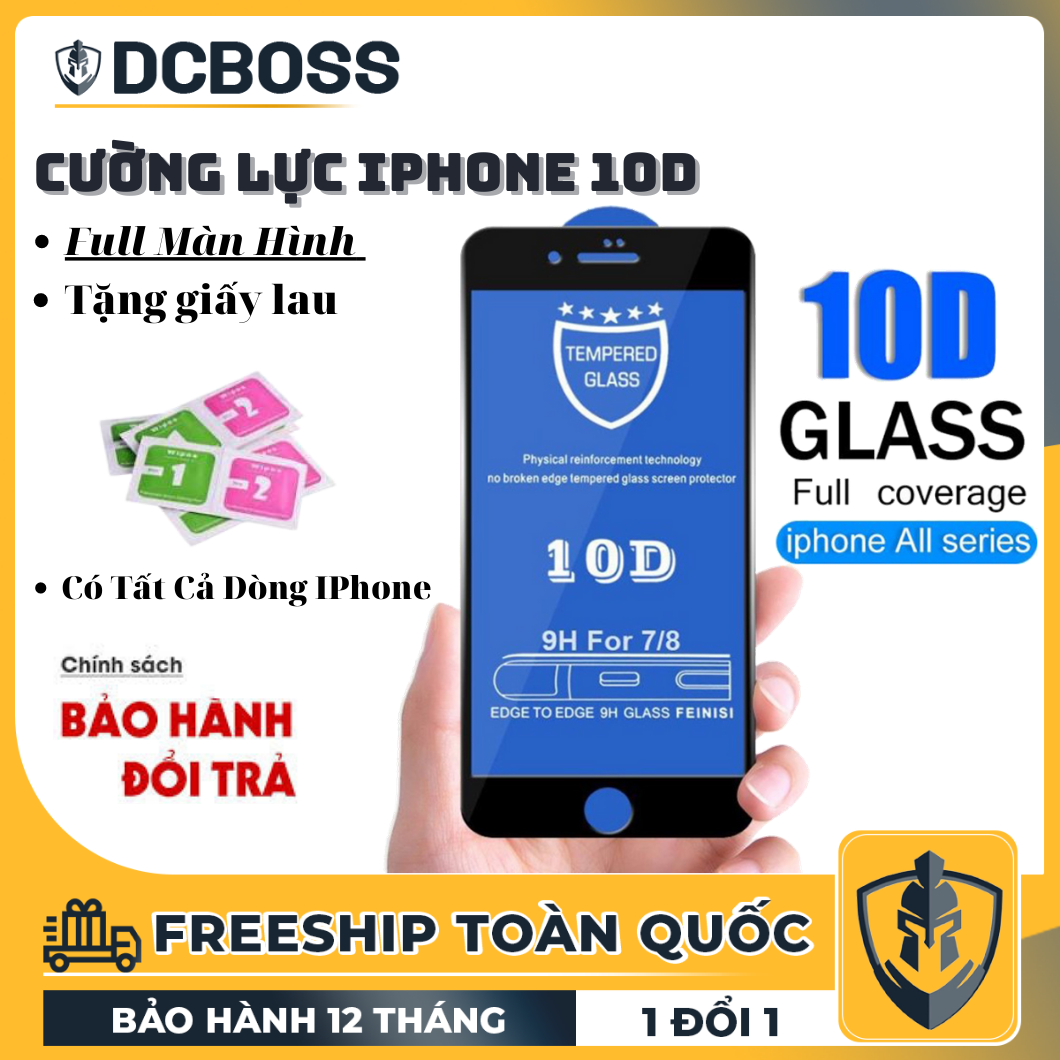 [HCM]Kính cường lực Iphone 10D full màn dành cho iphone 6 6s 6Plus 6SPlus 7 8 7plus 8plus X Xs Xr Xsmax 11 11pro 12mini 12promax siêu bền chống trầy xước va đập hiệu quả đến từ thương hiệu DCBOSS Center Bảo hành 1 đổi 1