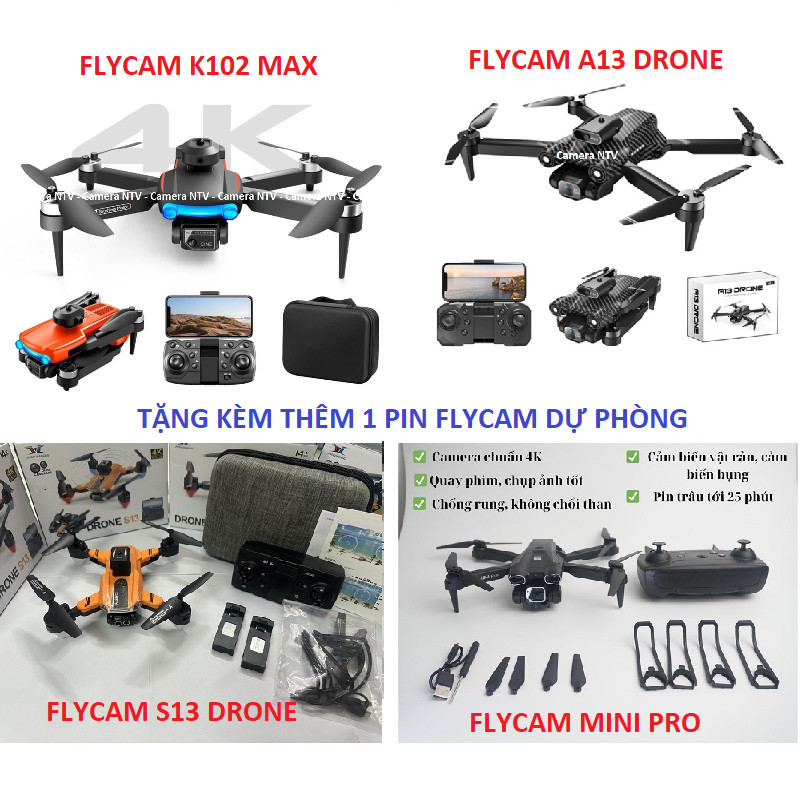 FLYCAM MINI PRO / K102 MAX / S13 PRO / A13 DRONE - máy bay mini điều khiển từ xa, động cơ không chổi than, dành cho người mới tập chơi và đã chơi