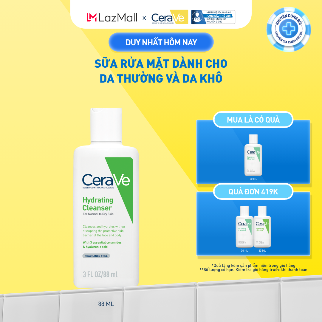Sữa rửa mặt giúp làm sạch sâu dành cho da thường và da khô Cerave Hydrating Cleanser 88ML