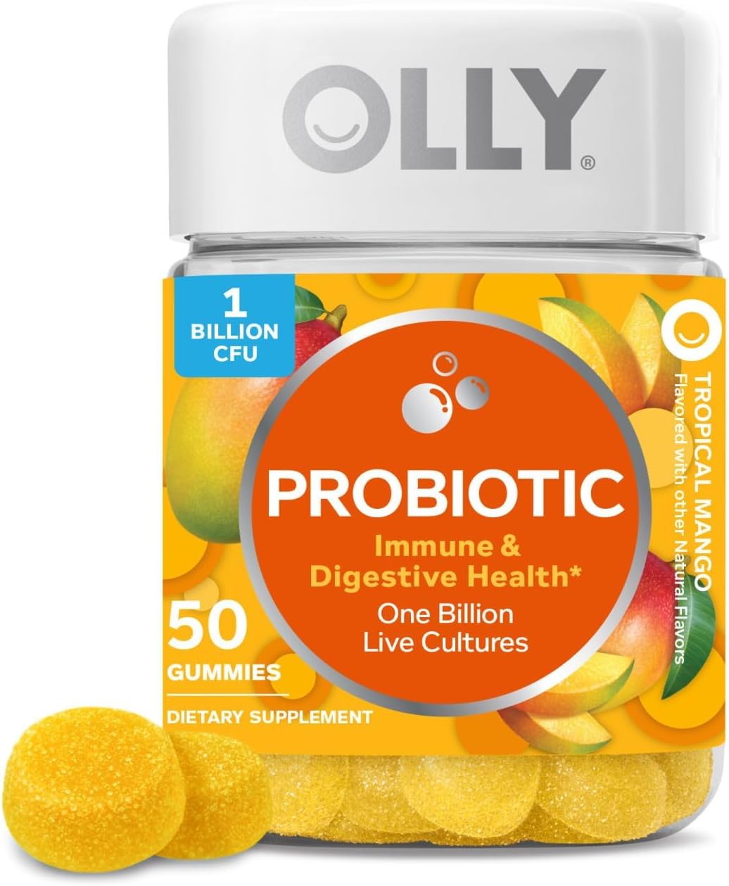 Kẹo dẻo OLLY Probiotic Gummy, Immune and Digestive Support, 1 Billion CFUs, Chewable Probiotic Supplement, Mango, 25 Day