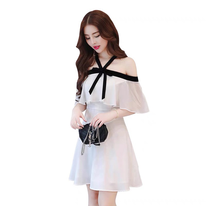 [HCM]Đầm Xòe Nữ Voan Lụa Mịn Trễ Vai Phối Nơ Hai Lớp Tiểu Thư Thanh Lịch