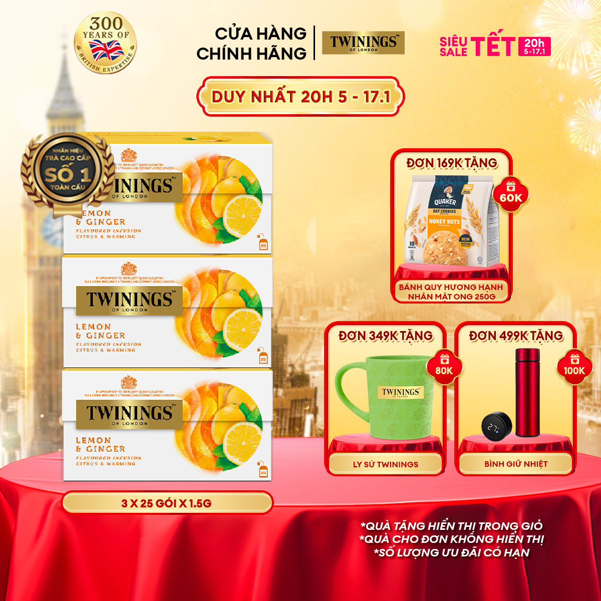 Combo 3 Trà Túi Lọc Chanh Gừng Twinings Lemon and Ginger - Hộp 25 Gói 1.5G