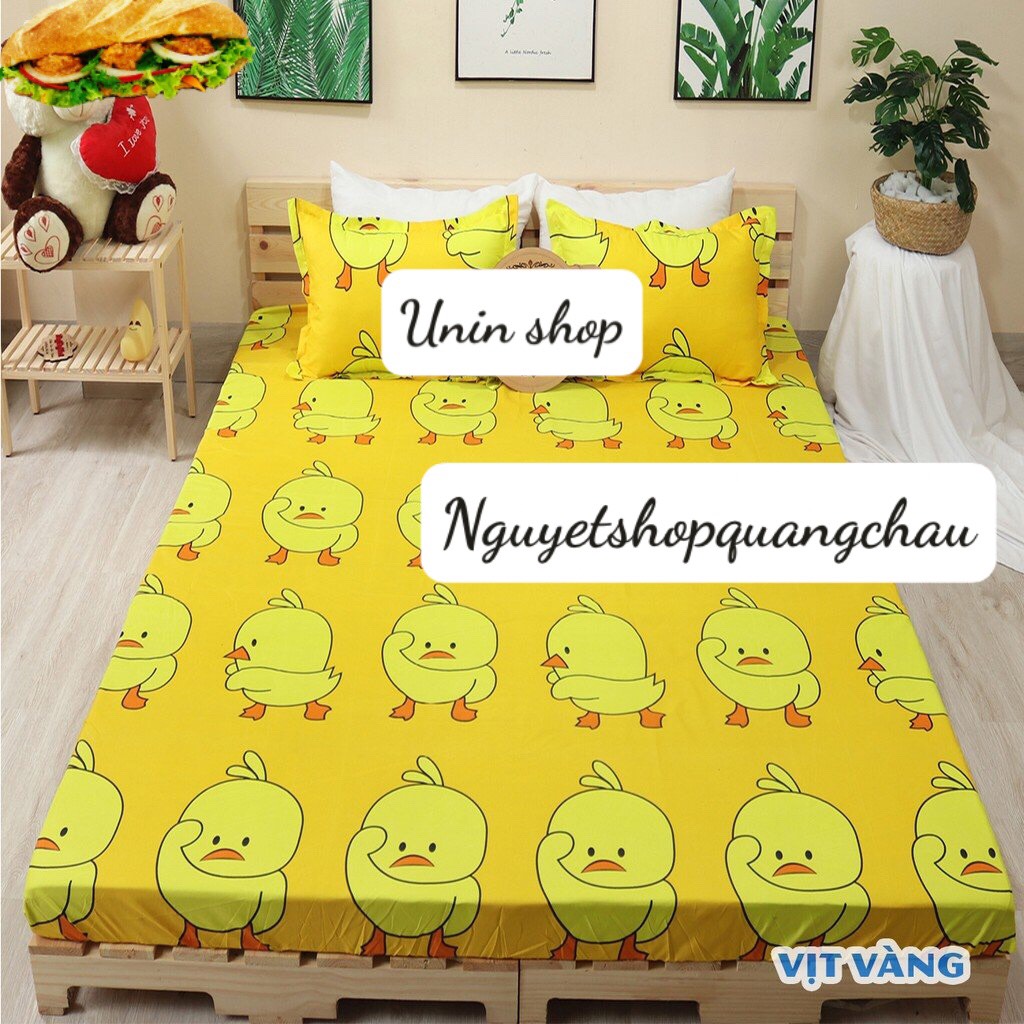 (Siêu rẻ) Ga bọc nệm, drap bo chun kích thước m6/m8 mẫu Chú Vịt Vàng (Gducky) siêu đẹp chất Poly - Ga giường bọc bảo vệ đệm, kèm 2 vỏ gối