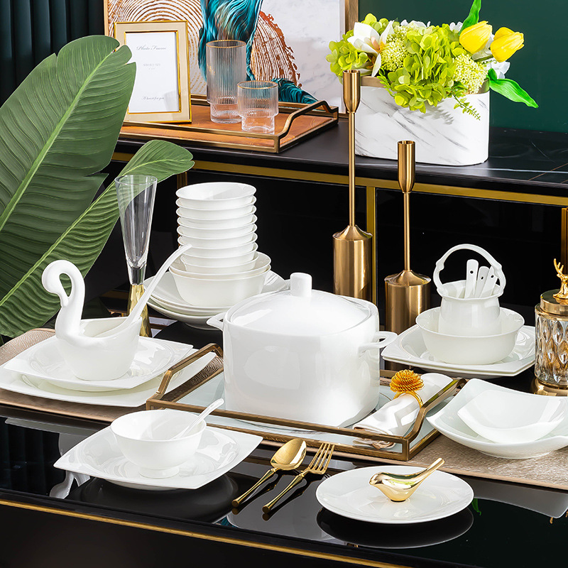 Bộ Đồ Ăn Cao Cấp Jingdezhen, Bát Đĩa, Đĩa Gia Dụng, Đồ Sứ Xương Màu Trắng Tinh Khiết, Quà Tặng Tân Gia logo Lô