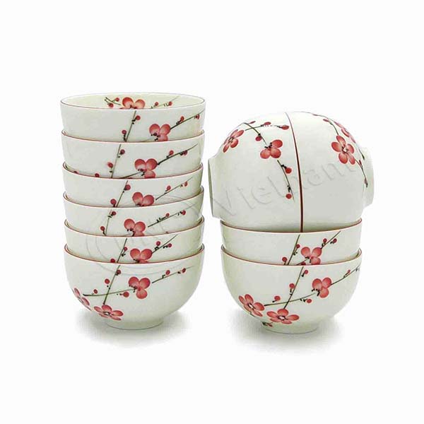 10 bát cơm sứ unc việt nam - men kem cao cấp, hoa đào vẽ tay, không chứa chì & cadimi gây hại