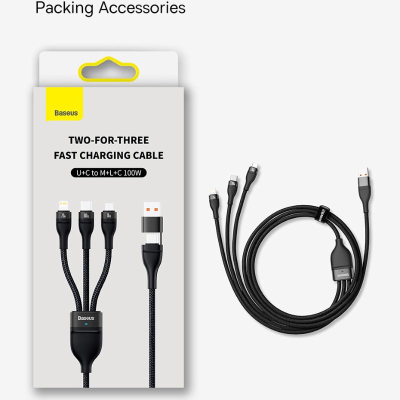 Cáp sạc nhanh 3 đầu cass030101 baseus flash series ⅱ pro two-for-three fastcharging cable u+c to m+l+c 100w, 1.2m, qc 4.0