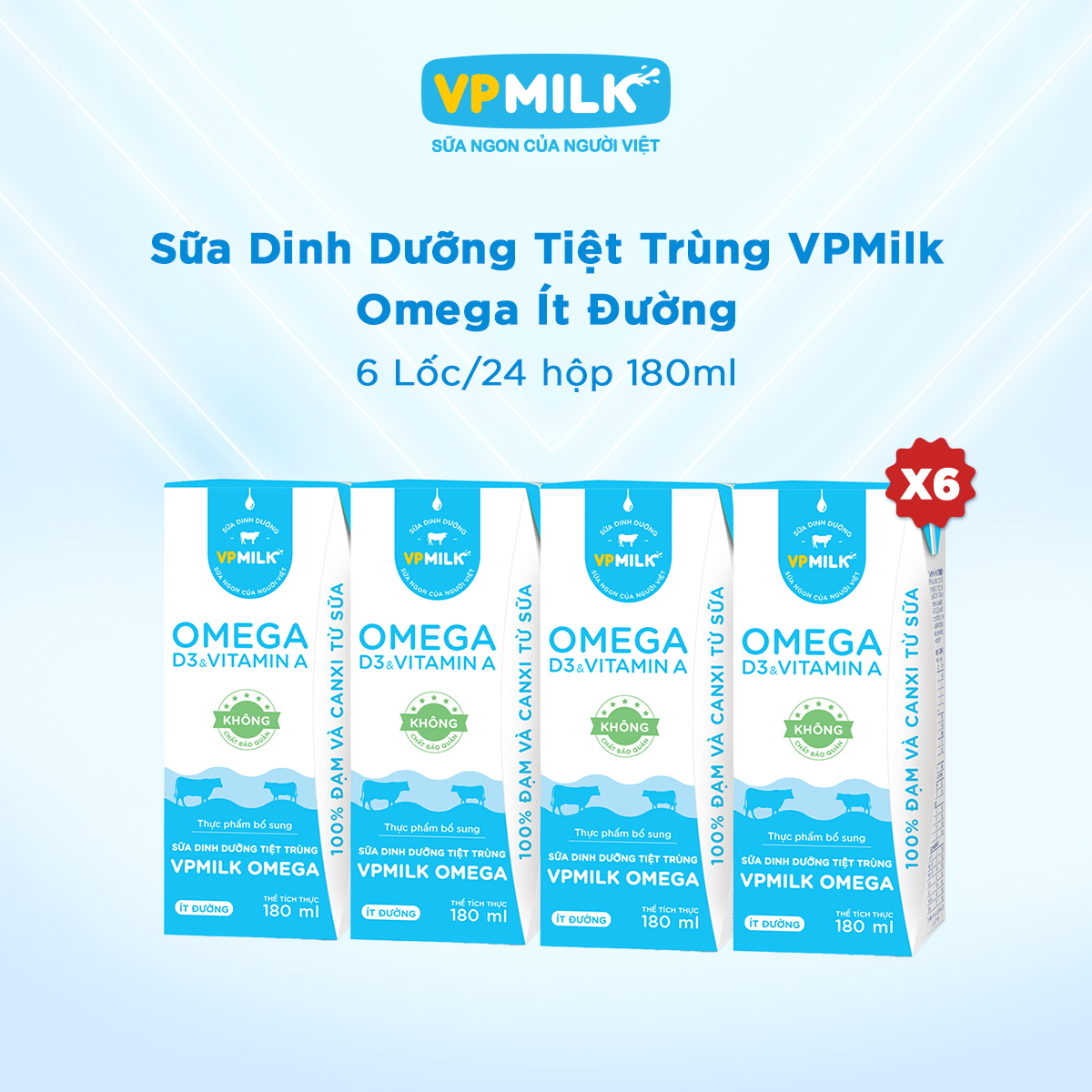 [6 lốc 180ml] Sữa Dinh Dưỡng Tiệt Trùng VPMilk Omega ÍT ĐƯỜNG dạng hộp 180ml cho bé trên 1 tuổi (4 hộp x 6)