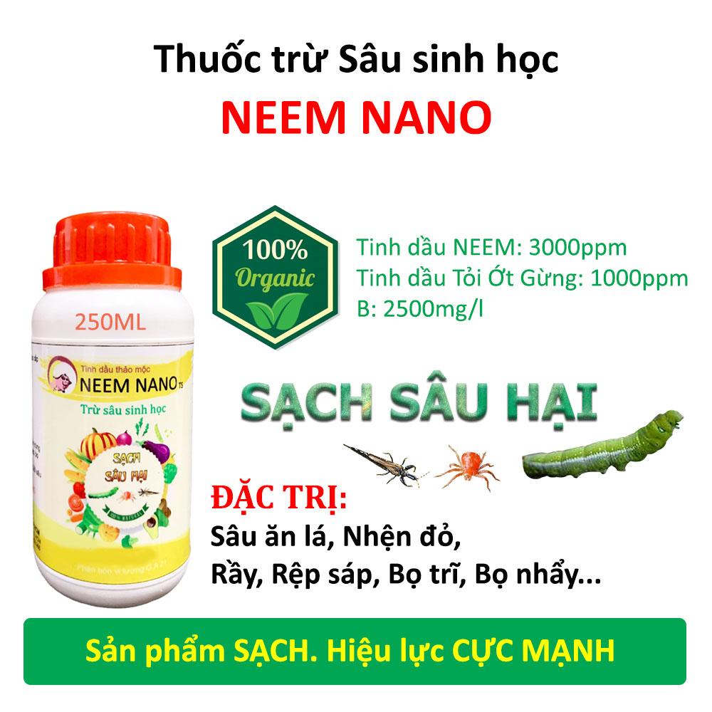 Chế phẩm sinh học Thuốc Trừ Sâu bệnh, Nhện đỏ, Bọ trĩ, Rệp sáp, Côn trùng chích hút. Siêu NANO vượt trội. Hiệu lực Cực Mạnh. Chiết xuất 100% tinh dầu Thảo Mộc. Dùng cho Nông Nghiệp Sạch