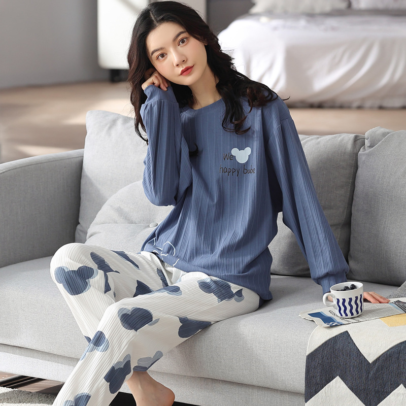[Freeship+Quà 35k]Đồ bộ ngủ nữ pijama Mellowshop cổ tròn dài tay chất liệu len gân mềm mại thoải mái, màu xanh đơn giản phù hợp cả ở nhà và đi chơi, tặng kèm khăn lụa cao cấp khi mua hóa đơn từ 500k