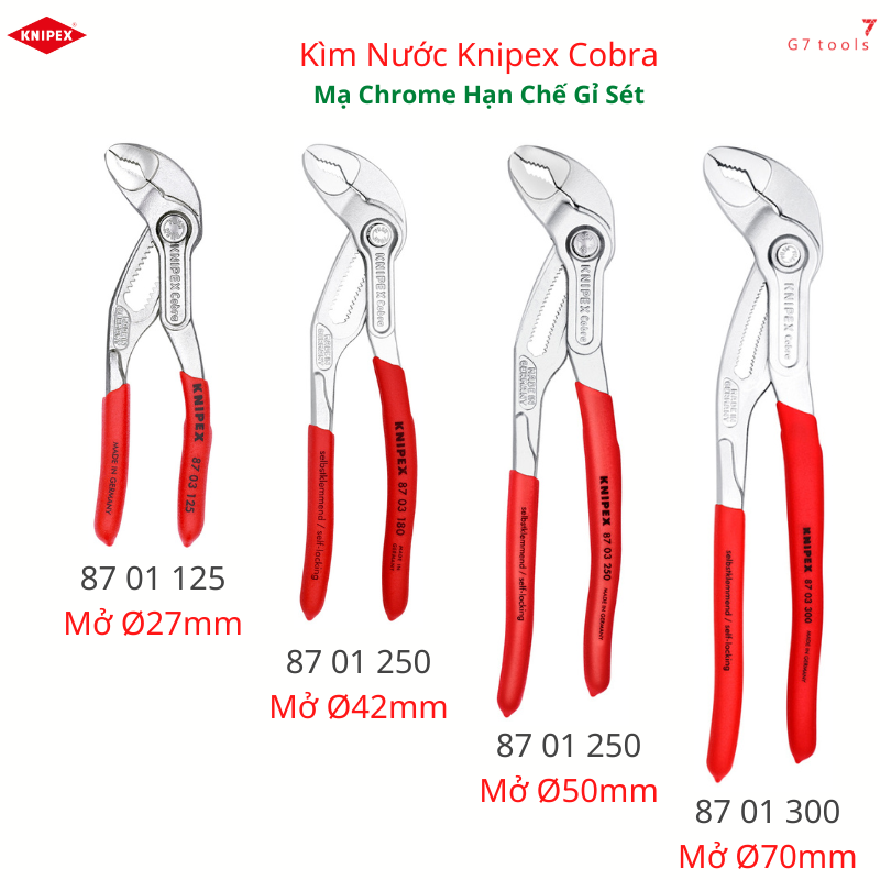Kìm nước mỏ quạ knipex cobra® 87 03 125 / 87 03 180/ 87 03 250/ 87 03 300 tay cầm đỏ và mạ chrome để hạn chế gỉ sét