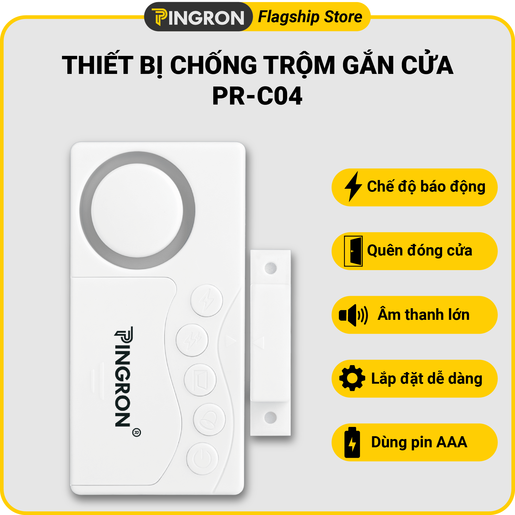 Thiết bị chống trộm gắn cửa chuông báo động chống trộm PINGRON PR-C04 - Âm thanh lớn, dùng pin AAA, có nhắc nhở quên đóng cửa