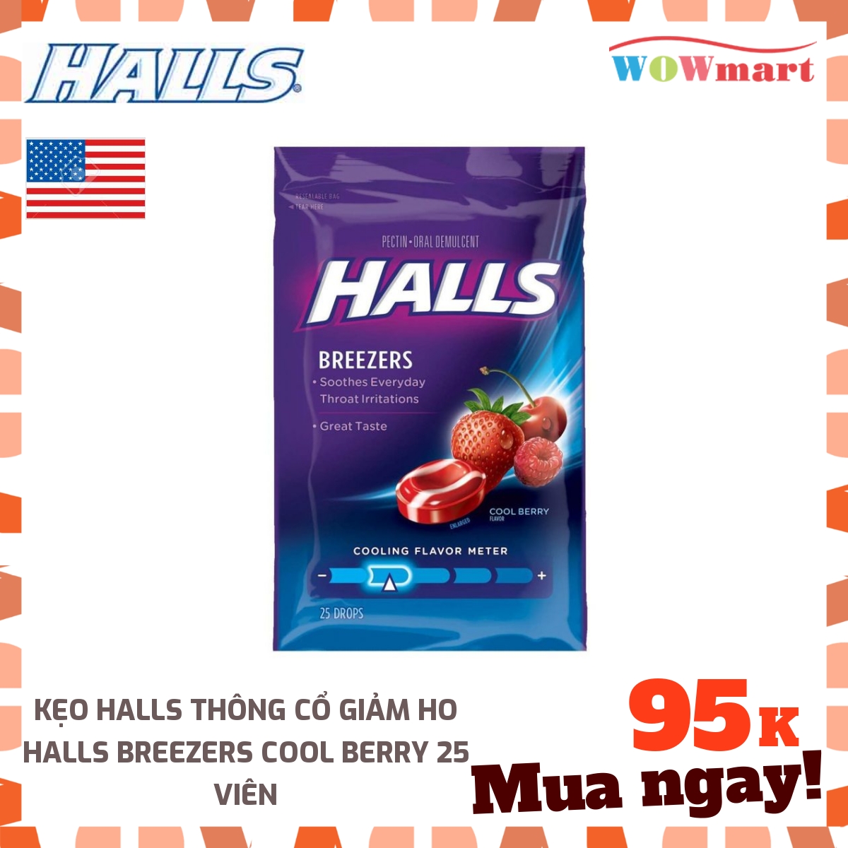 Kẹo Halls thông cổ giảm ho Halls Breezers Cool Berry 25 viên - [MỸ]