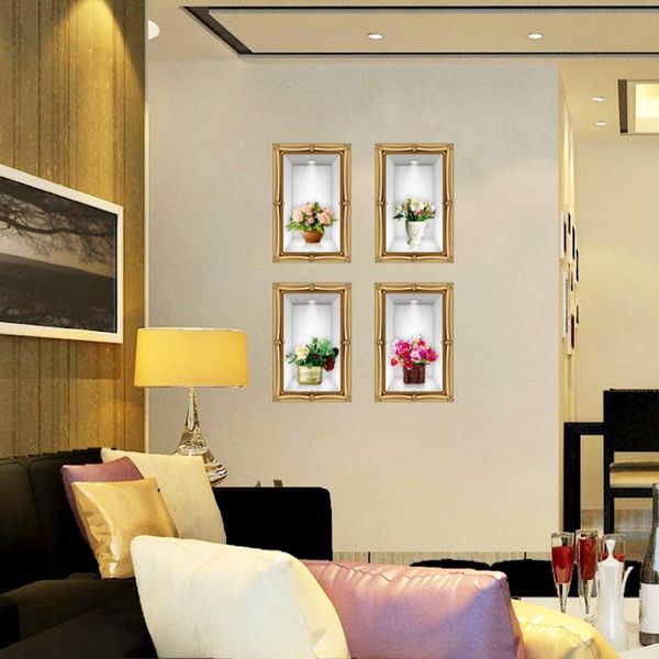 Decal dán tường 4 chậu hoa 3D, tranh dán tường hình chậu hoa sang trọng - tranh trang trí dán tường